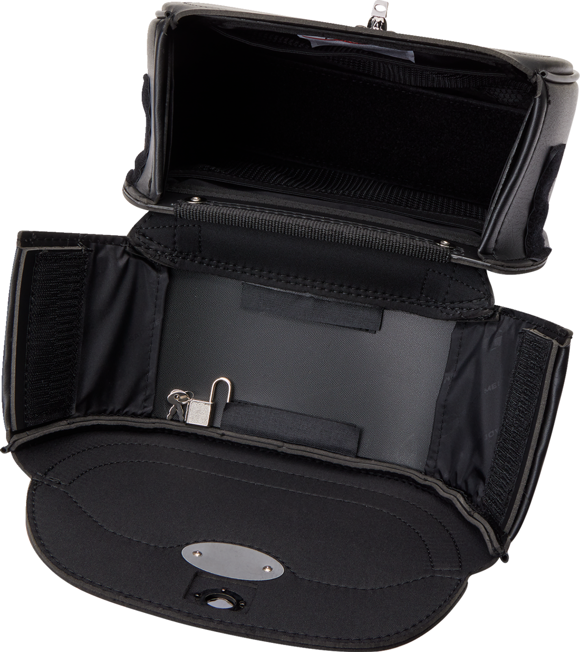 Black SADDLEMEN Cruis'n Sissy Bar Bag mounted on a motorcycle seat, designed for large storage and easy access.