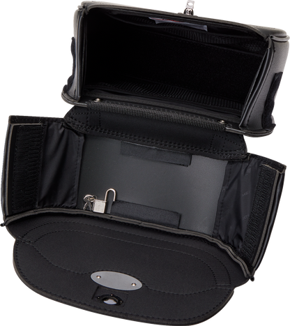 Black SADDLEMEN Cruis'n Sissy Bar Bag mounted on a motorcycle seat, designed for large storage and easy access.