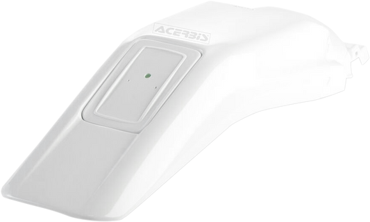 A white Acerbis rear fender for motorcycle, designed as a durable body part, with mounting points visible for installation.