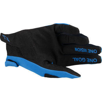 Blue and black Alpinstars Radar MX gloves in small size, featuring protective design and textured grip for motocross riding.