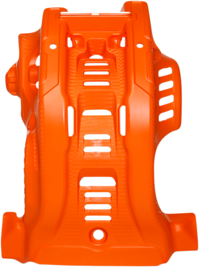 Acerbis orange and white KTM skid plate mounted on a motorcycle, showcasing its durable body and protective design.