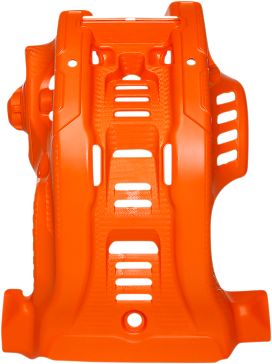 Acerbis orange and white KTM skid plate mounted on a motorcycle, showcasing its durable body and protective design.