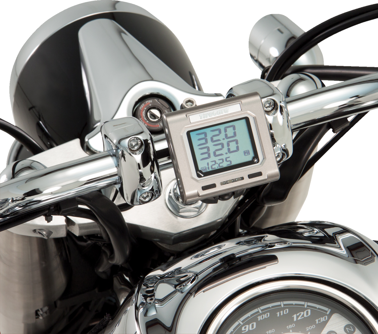 Bill's Exhausts SHOW CHROME handlebar tire pressure monitor system for engine, with digital display and chrome finish.