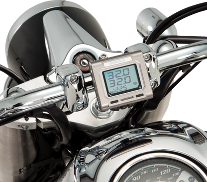 Bill's Exhausts SHOW CHROME handlebar tire pressure monitor system for engine, with digital display and chrome finish.