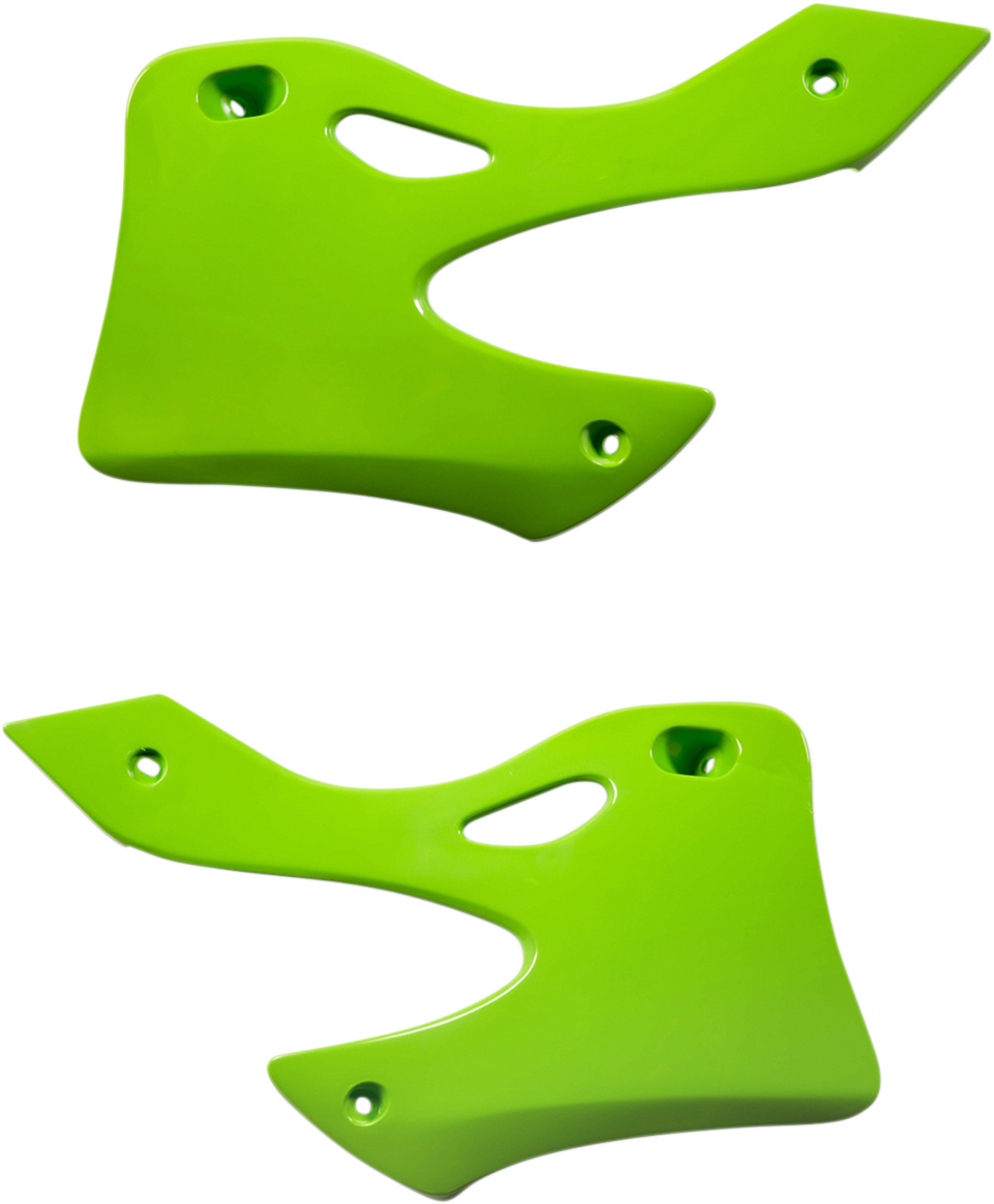 Green ACERBIS radiator shrouds for motorcycle body, designed for optimal fit and protection, by Bill's Exhausts.