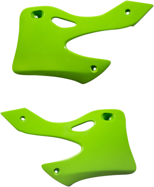 Green ACERBIS radiator shrouds for motorcycle body, designed for optimal fit and protection, by Bill's Exhausts.