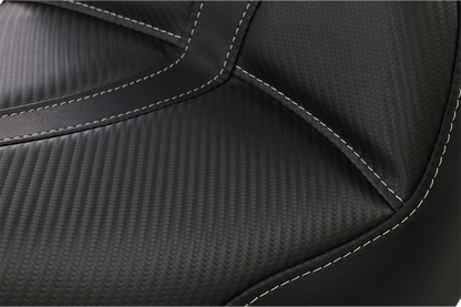 Black SADDLEMEN Dominator Solo Seat with gray stitching, designed for FL/FX motorcycles 2006-2017, featuring stitched leather upholstery.