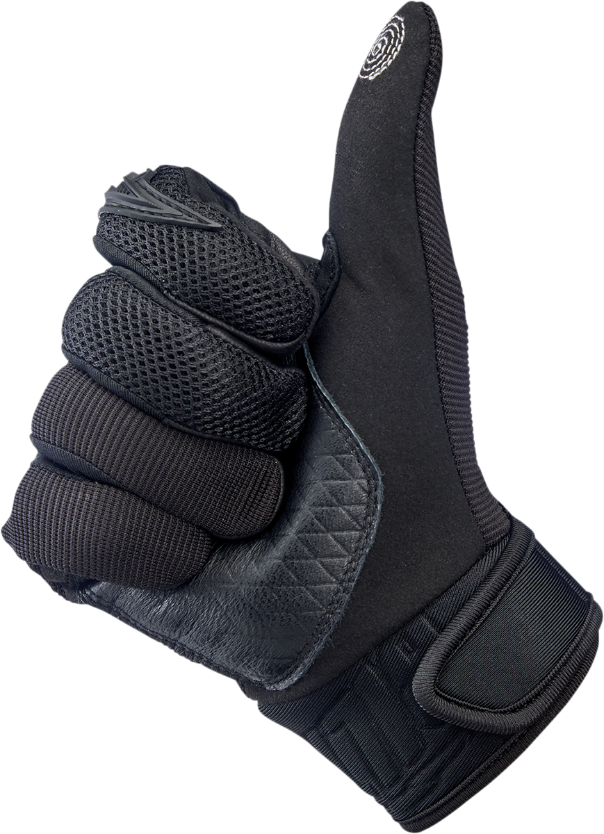 Black BILTWELL Baja Gloves in 2XL size, made by Bill's Exhausts, featuring durable material and secure fit for motorcycle riding.