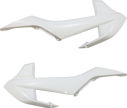 White Acerbis radiator shrouds for motorcycle body protection, designed by Bill's Exhausts with sleek, durable plastic construction.