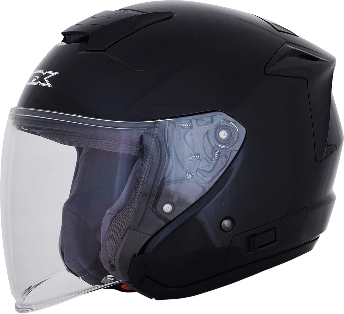 Gloss black AFX FX-60 motorcycle helmet in large size, featuring sleek aerodynamic design and secure chin strap.