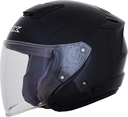 Gloss black AFX FX-60 motorcycle helmet in large size, featuring sleek aerodynamic design and secure chin strap.