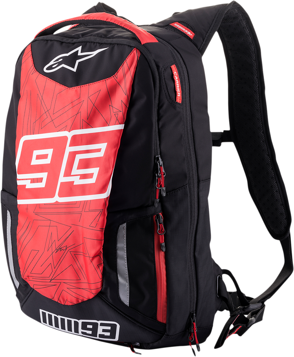 Alpinestars Jerez backpack in black and red with multiple compartments and adjustable straps, designed for everyday use.