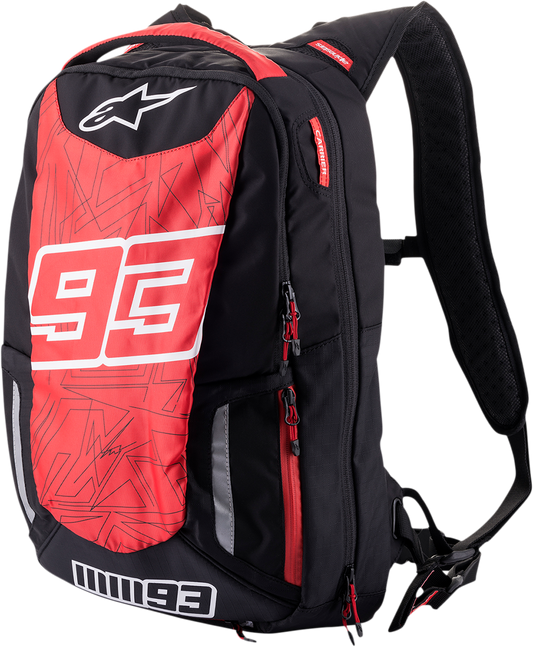 Alpinestars Jerez backpack in black and red with multiple compartments and adjustable straps, designed for everyday use.