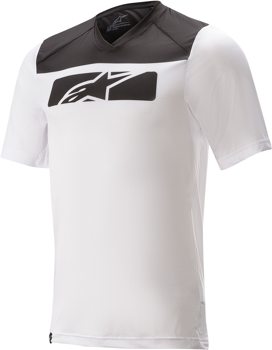 Alpinestars Drop 4.0 short-sleeve motorcycle jersey in white and black, size 2XL, featuring breathable fabric and sporty design.