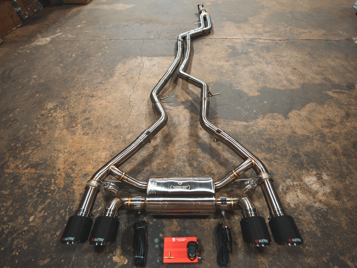 BMW F87 M2 Valved Sport Exhaust System by Valvetronic Designs, showcasing the sleek exhaust pipes and valving components.