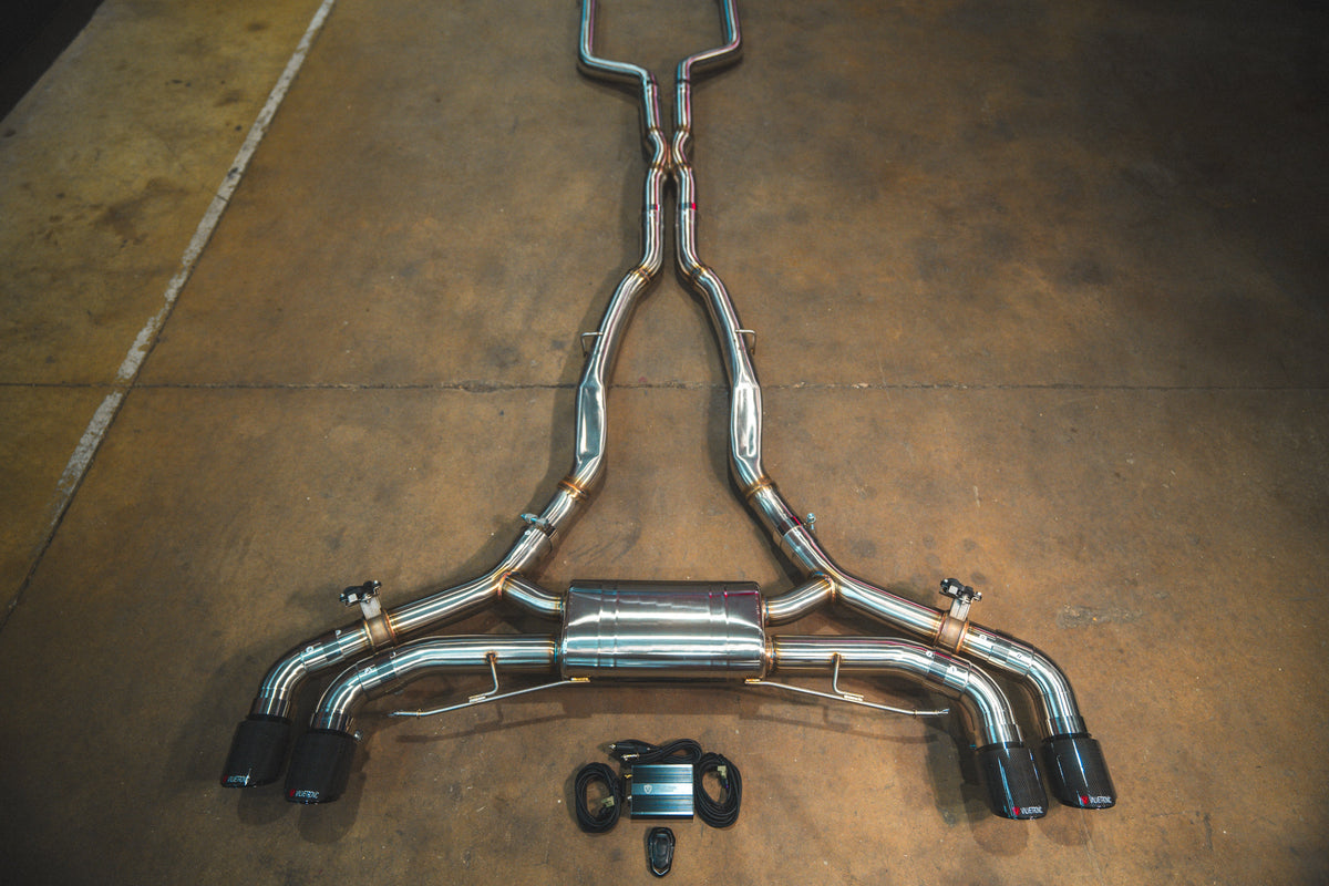 BMW X5M and X6M F95/F96 Valved Sport Exhaust System by Valvetronic Designs, showing the sleek, polished exhaust components.