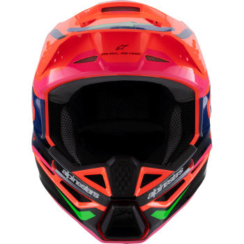 Youth ALPINESTARS SM3 helmet in gloss orange fluo, purple, and pink fluo, featuring vibrant colors and a sleek design.