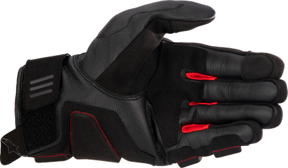 Black and bright red Alpinestars Phenom motorcycle gloves in medium size, featuring protective knuckles and padded palm.