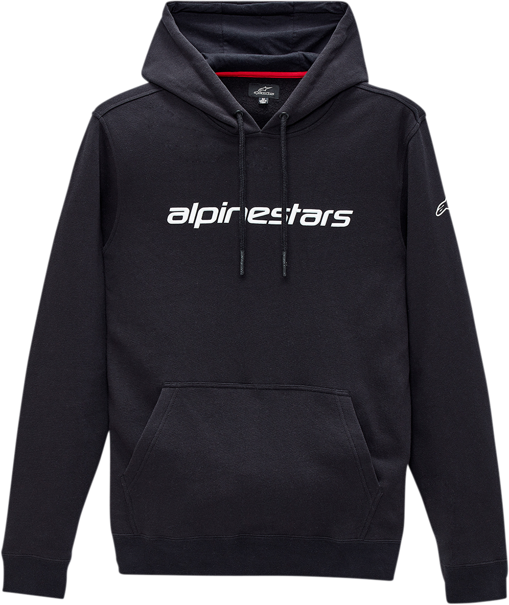 Black and white ALPINESTARS Linear Hoodie in medium size, featuring a casual fit with the ALPINESTARS logo and design details.