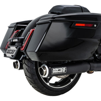 Black Vance & Hines Supersport Slip-On Mufflers for touring motorcycles, featuring sleek exhaust design and branding.