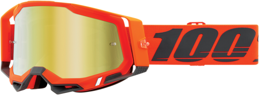 Bill's Exhausts 100% Racecraft 2 Goggles with gold mirror lens, designed for motocross and dirt biking.