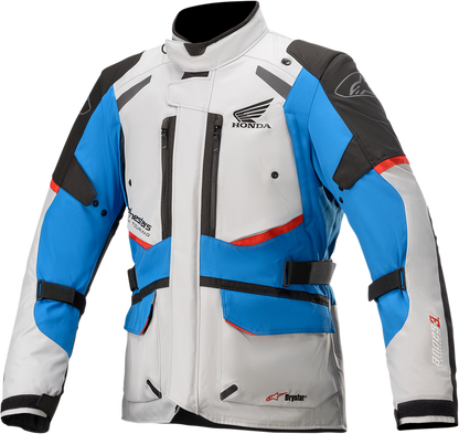 Alpinestars Honda Andes v3 Drystar jacket in gray, blue, and red, small size, showcasing durable motorcycle jacket design.