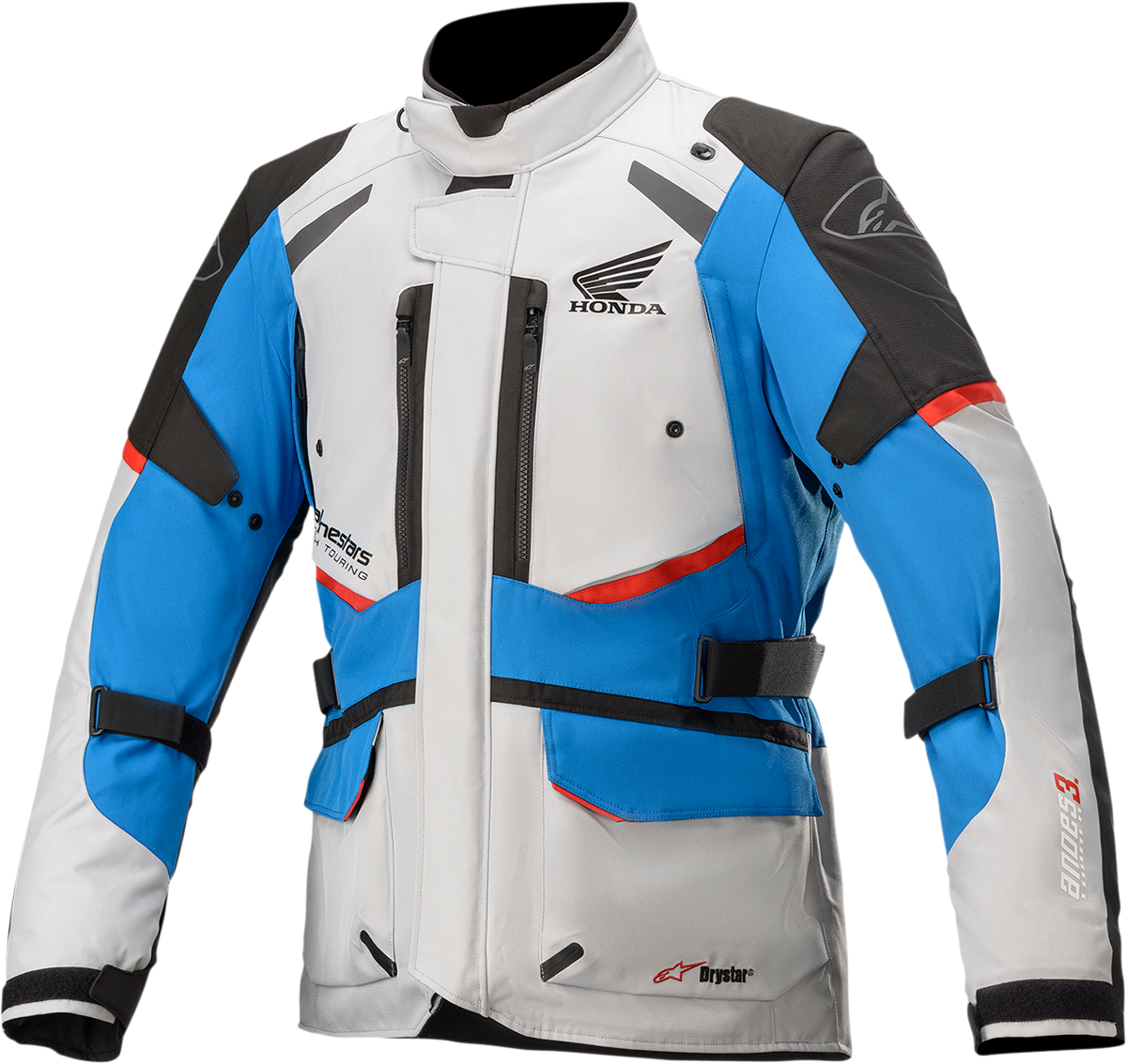 Alpinestars Honda Andes v3 Drystar jacket in gray, blue, and red, 2XL, featuring protective armor and a durable motorcycle jacket design.