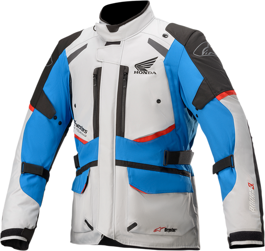 Alpinestars Honda Andes v3 Drystar jacket in gray, blue, and red, 2XL, featuring protective armor and a durable motorcycle jacket design.