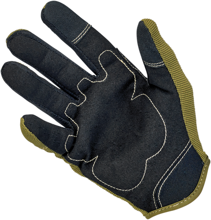 BILTWELL Moto Gloves in olive and black, small size, designed for motorcycle riding, featuring durable leather and protective padding.