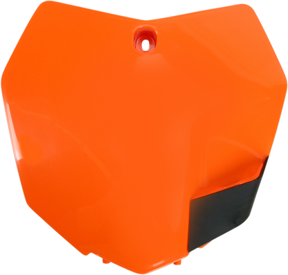 Orange Acerbis front number plate for motorcycle, body bodywork part with black mounting details, designed for durability and visibility.