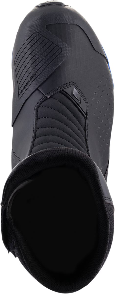 Alpinestars RT-8 Gore-Tex motorcycle boots in black and blue, US 12.5, EU 48, featuring durable leather and waterproof design.