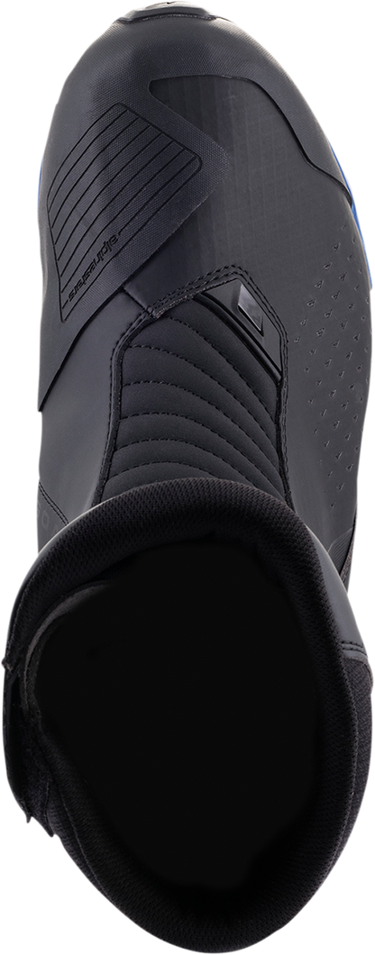Alpinestars RT-8 Gore-Tex motorcycle boots in black and blue, US 12.5, EU 48, featuring durable leather and waterproof design.