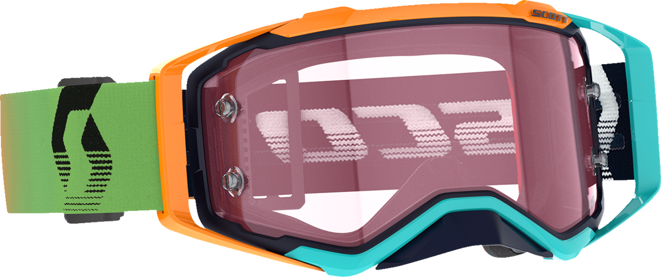 Scott Prospect Amplifier Goggle in blue and orange with rose tinted lenses, designed for motorcycle or motocross riding.