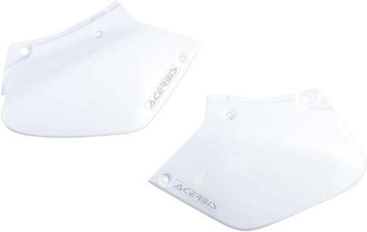 A white set of Acerbis side panels for motorcycle body, designed for installation on bike frames.