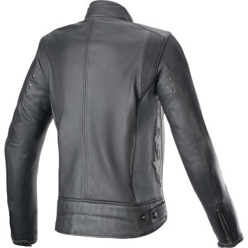 Black ALPINESTARS Stella Dyno leather jacket with gray accents, slim fit, shown on a hanger.