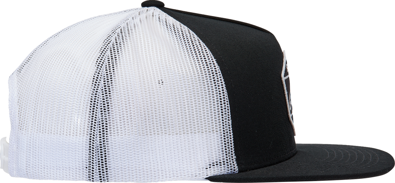 Black and white ALPINESTARS Bolt Trucker Hat with embroidered logo, one size fits all, featuring mesh back and structured front.