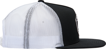 Black and white ALPINESTARS Bolt Trucker Hat with embroidered logo, one size fits all, featuring mesh back and structured front.