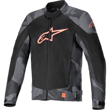 Alpinestars T-SP X Superair motorcycle jacket in black camo with red fluo accents, size 2XL, featuring protective armor and ventilation.