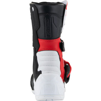 Alpinestars Kids Tech 3S motorcycle boots in red, black, and white with US size 12, featuring protective design and sturdy soles.