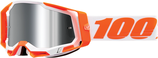 Bill's Exhausts 100% Racecraft 2 goggles in orange with silver flash mirror lenses, featuring a sleek, aerodynamic design.