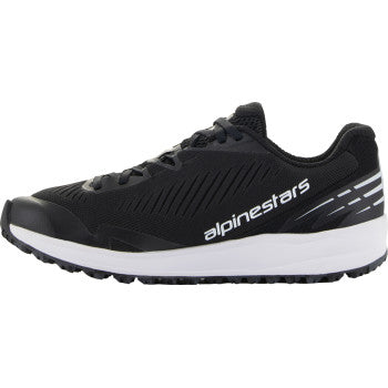 Alpinestars Meta Road V2 motorcycle shoes in black and white, US 14, featuring sleek design and protective features for riders.