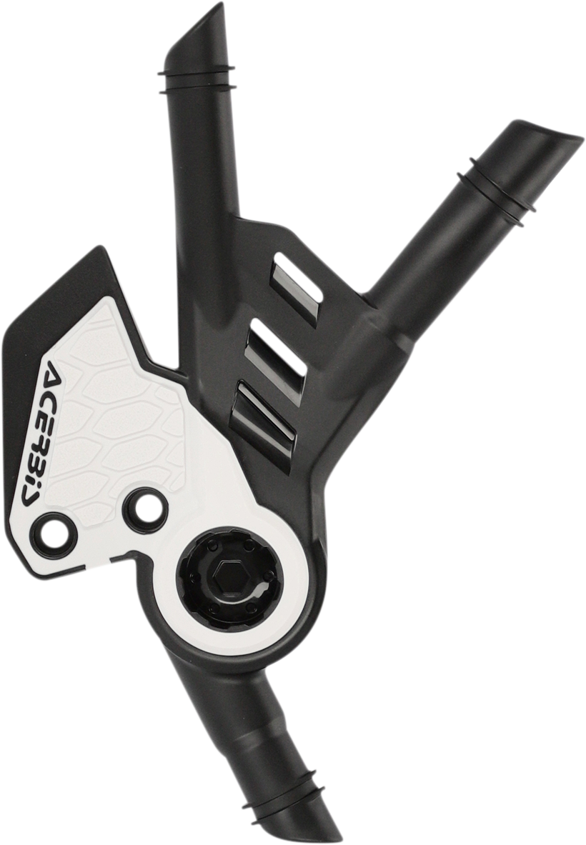 Acerbis X-Grip frame guards in black and white attached to a motorcycle frame, offering protection and style.