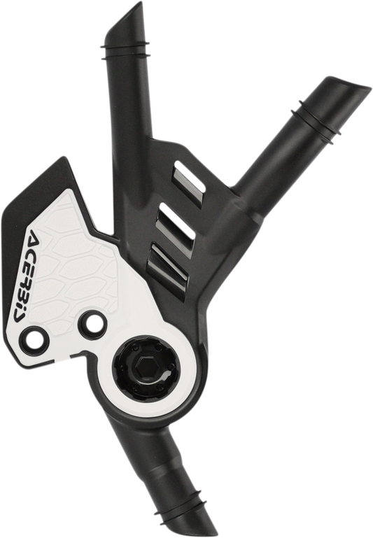 Acerbis X-Grip frame guards in black and white attached to a motorcycle frame, offering protection and style.