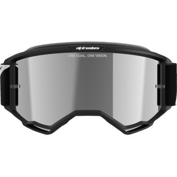 Alpinestars Vision 5 Goggle in black with silver mirror lenses, designed for motorcycle riding comfort and visibility.