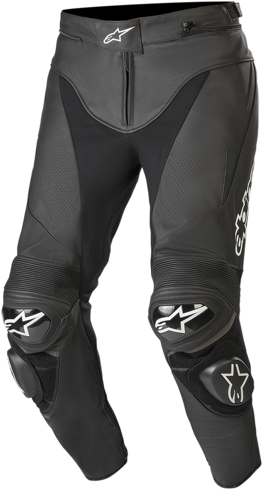 Black Alpinestars Track v2 leather pants for men, US 30 / EU 46, with reinforced panels and sleek motorcycle riding design.