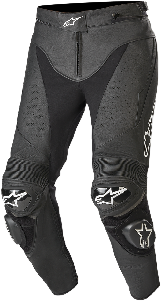 Black Alpinestars Track v2 leather pants for men, US 38/EU 54, shown laid flat with visible stitching and reinforced knee panels.