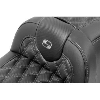 SADDLEMEN RoadSofa™ seat with backrest for FLTR/FLHX 2023-24, gray carbon fiber with lattice stitch for Bill's Exhausts.
