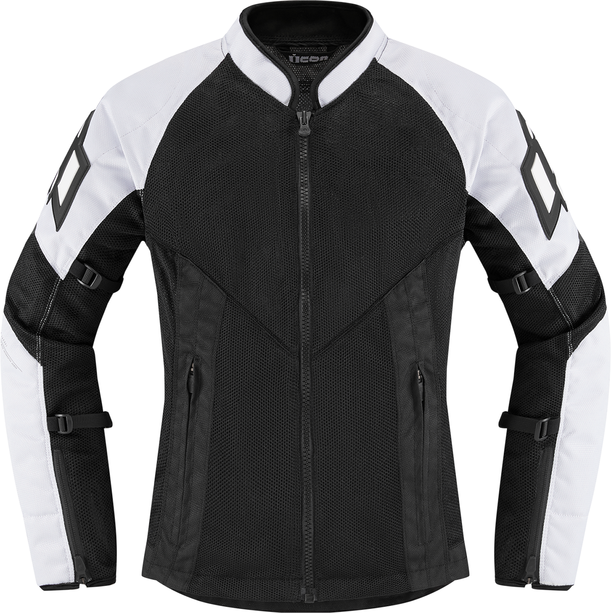 White and black ICON Women's Mesh AF Jacket in small size, featuring lightweight mesh material and sporty design.