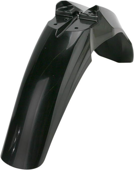 Black Acerbis front fender for motorcycle, shown in this image, with a sleek body design and mounting points.