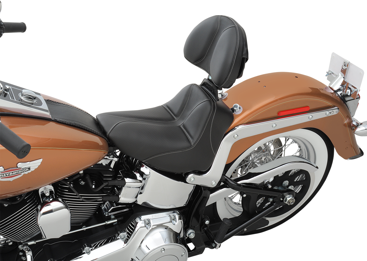 Black SADDLEMEN Dominator Solo Seat with gray stitching for FLSTC/N 2006-2017, showcasing stitched leather upholstery.